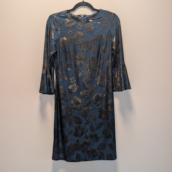 Tommy Hilfiger Blue & Gold Brocade Bell Sleeve Dress Size 4 - Picture 2 of 6